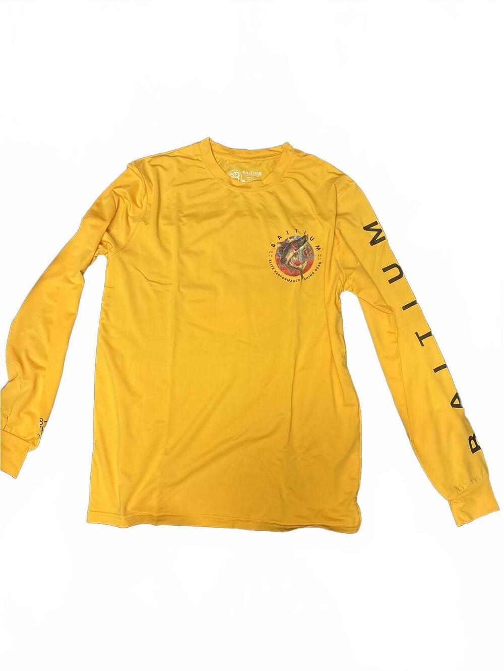 Baitium Yellow Long Sleeve Performance Fishing Shirt UPF 50+ Trout Graphic XS